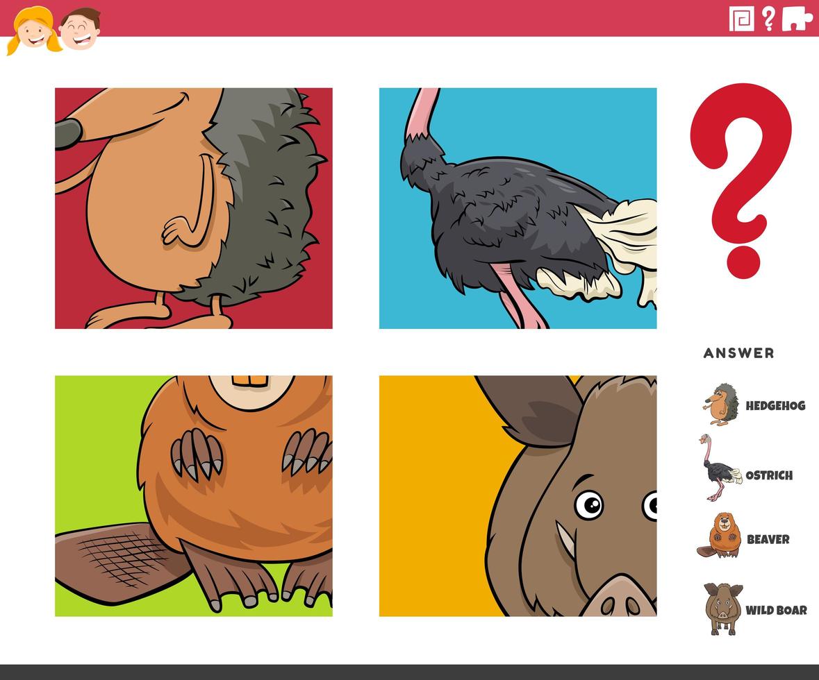 jogo educacional de adivinhação de personagens de animais para crianças vetor