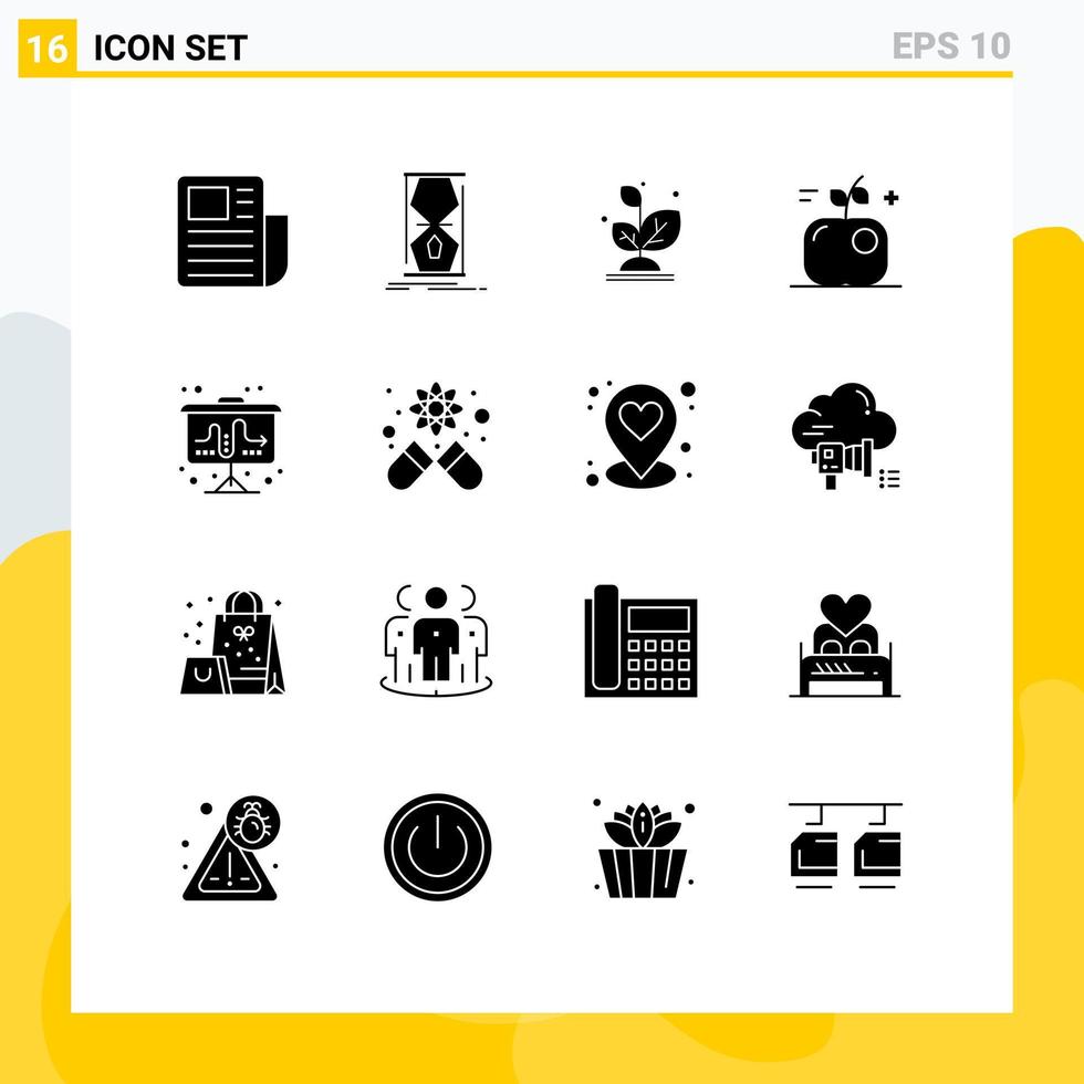 pacote de interface do usuário de 16 glifos sólidos básicos de flipchart tempo de comida educação sucesso elementos de design de vetores editáveis