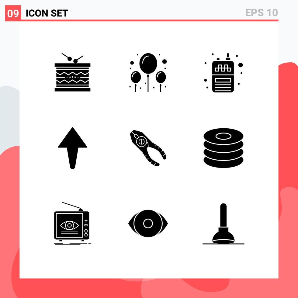 9 interface do usuário pacote de glifos sólidos de sinais e símbolos modernos de alicate de reparo pinças de telefone seta elementos de design de vetores editáveis