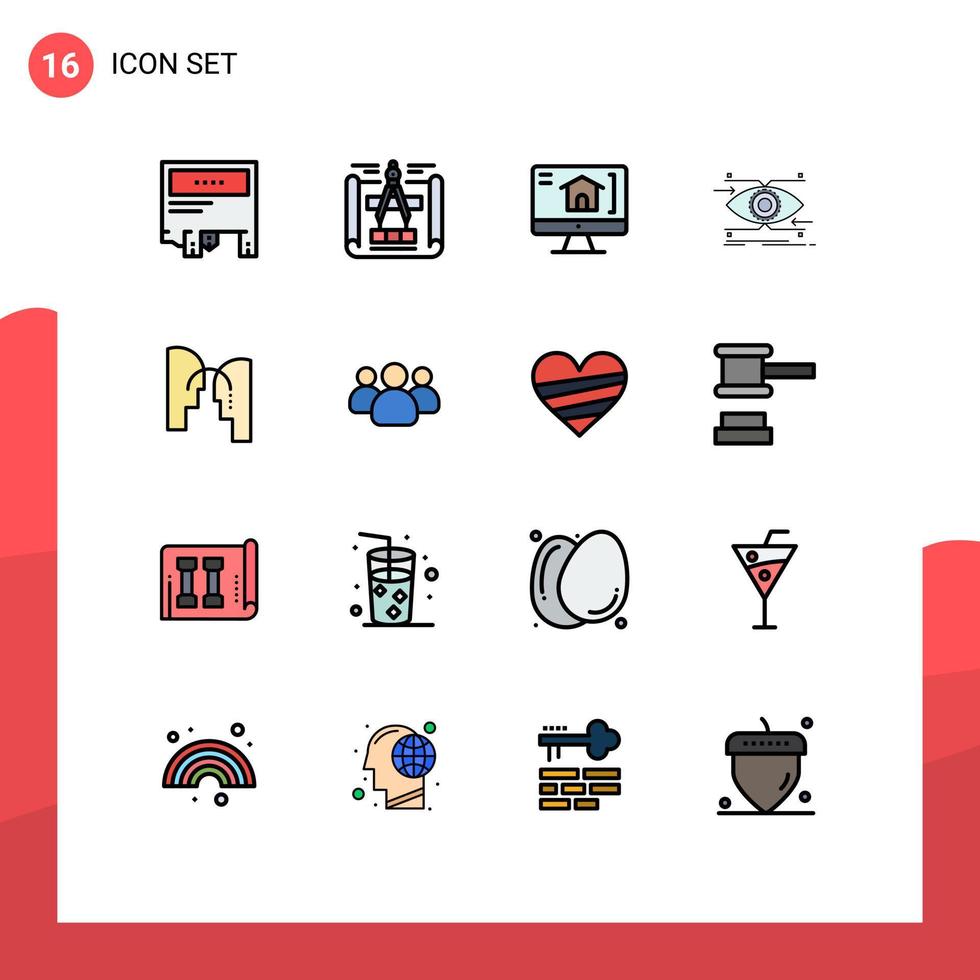 pacote de interface do usuário de 16 linhas básicas cheias de cores planas de computador de visão de cabeça olhando elementos de design de vetores criativos editáveis
