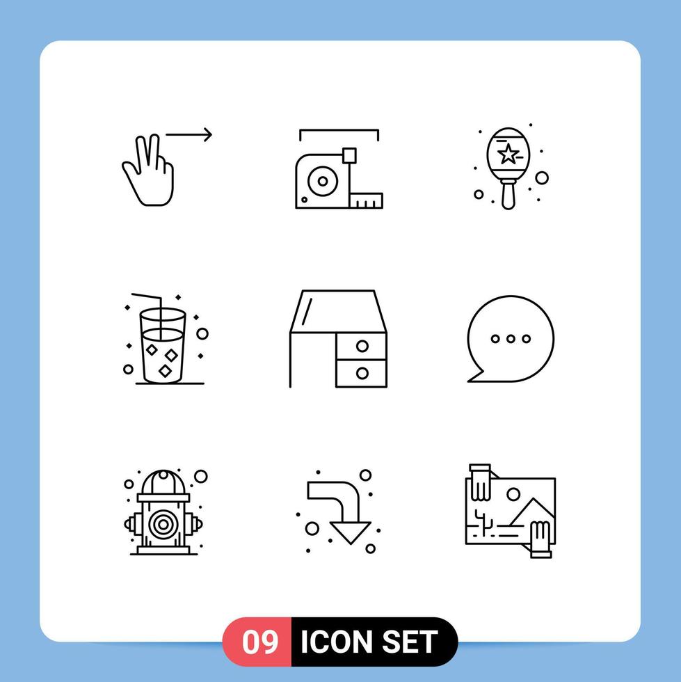 pacote de 9 sinais e símbolos de contornos modernos para mídia impressa na web, como mesa de escritório, mesa, gaveta, instrumento, bebida, elementos de design vetorial editáveis vetor