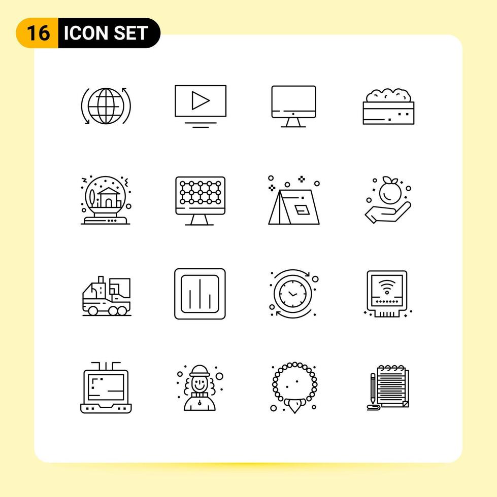 grupo de símbolos de ícone universal de 16 contornos modernos de elementos de design de vetores editáveis de arbusto de planta de monitor de tigela de presente