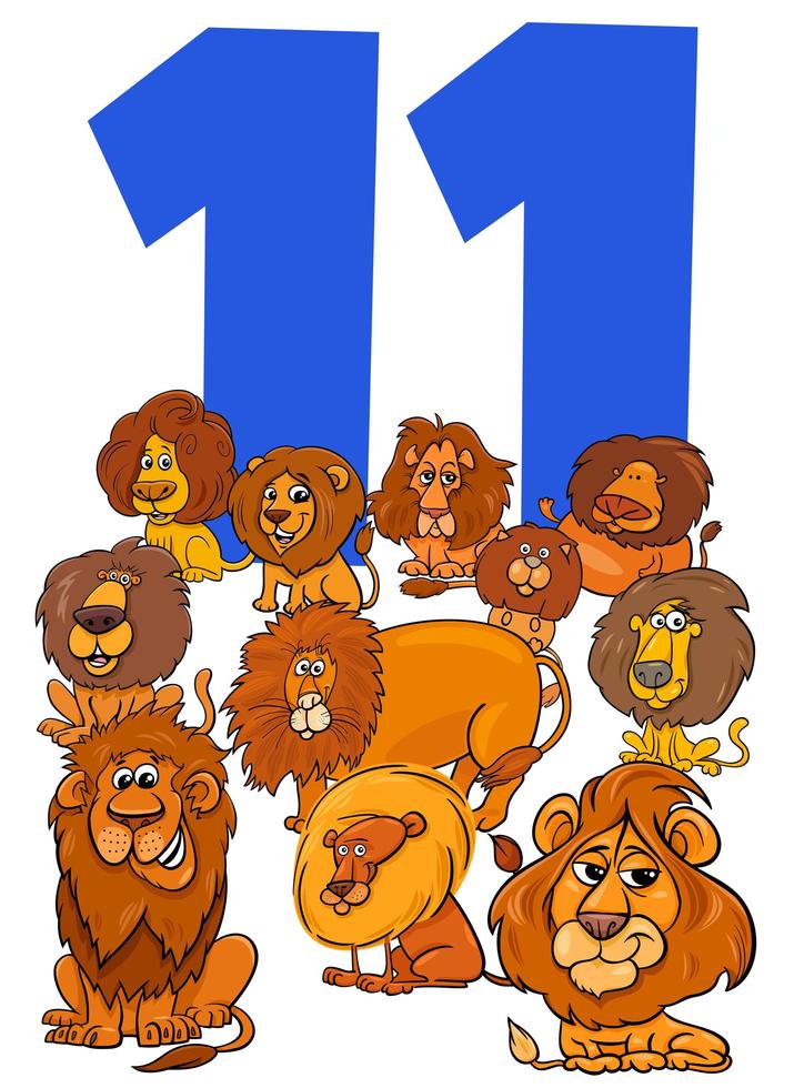 número onze para crianças com grupo de leões de desenho animado vetor