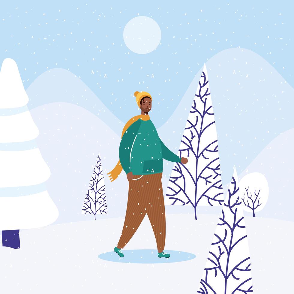 jovem afro vestindo roupas de inverno em personagem de paisagem de neve vetor