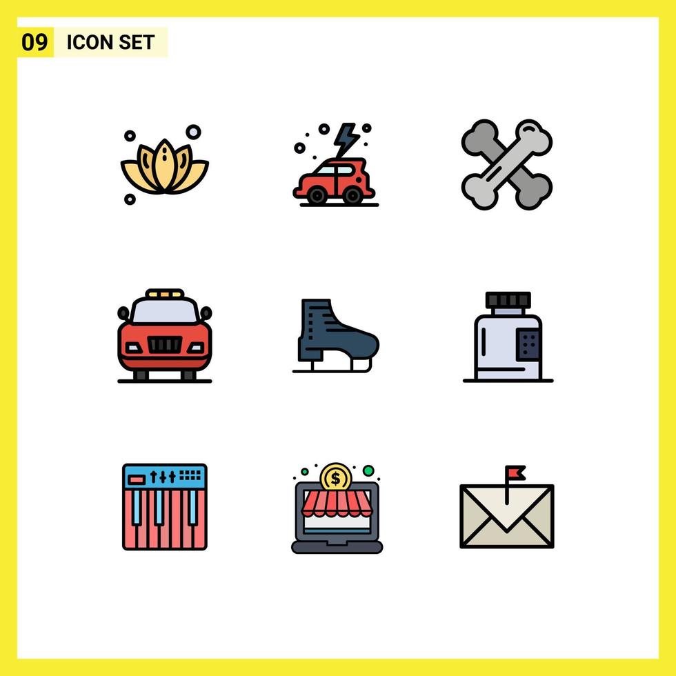 9 ícones criativos sinais e símbolos modernos de elementos de design de vetores editáveis de carro de polícia de saúde óssea de bota de skate