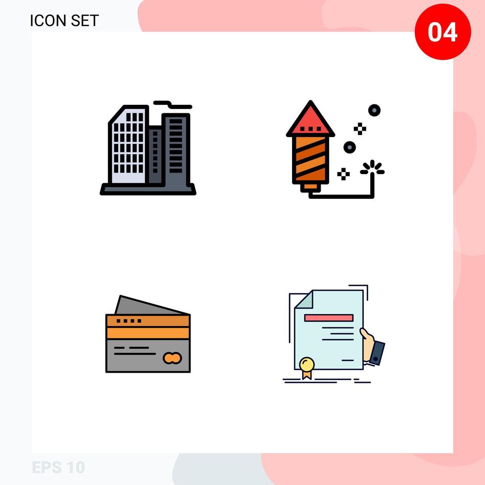 pacote de linha vetorial editável de 4 cores planas de linha preenchida simples de construção de cartões de fogos de artifício de escritório bancário elementos de design vetorial editáveis vetor