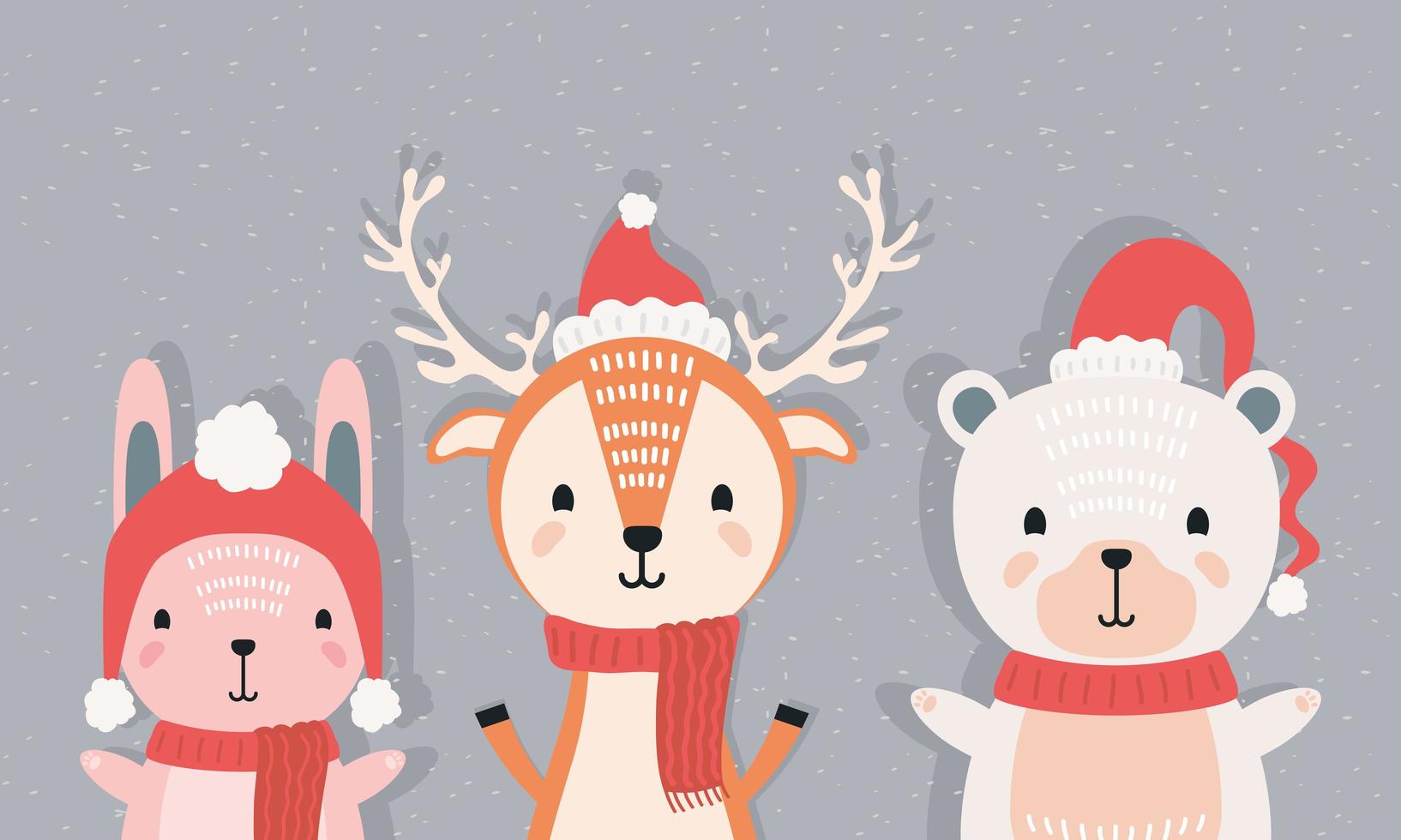 coelho com rena e urso polar vestindo personagens de roupas de natal vetor