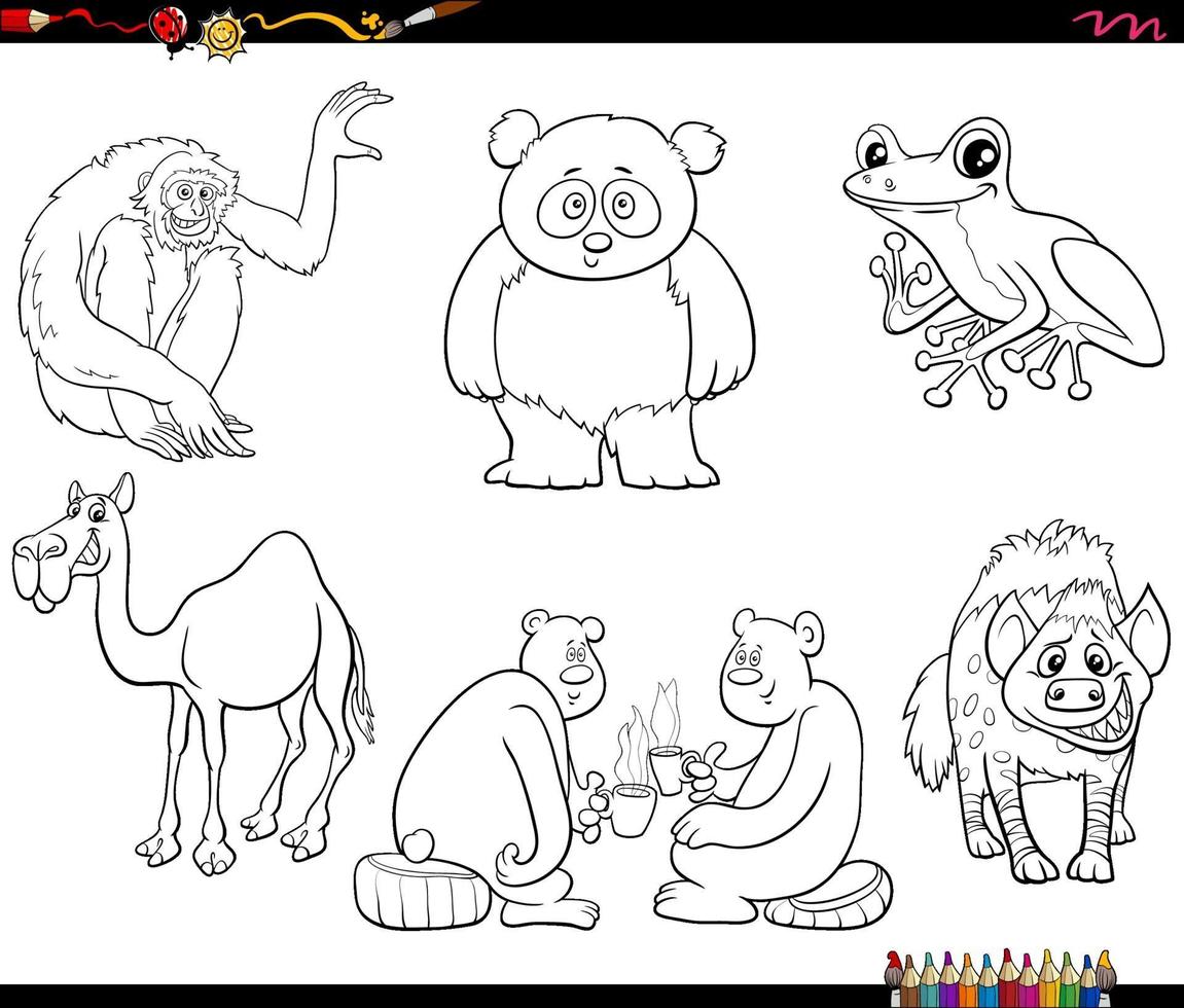 personagens animais de desenho animado definir página de livro para colorir vetor