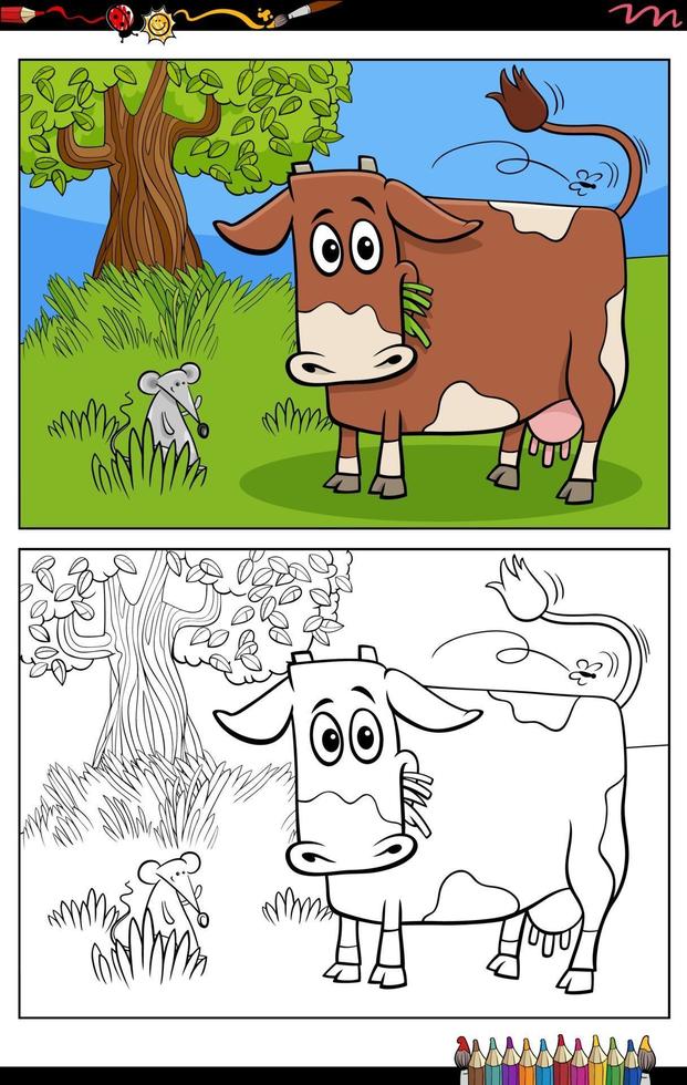 desenho animado engraçado vaca no pasto livro para colorir vetor