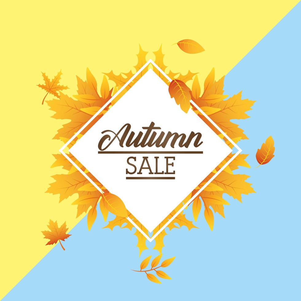 banner de venda de outono com folhagem e moldura de diamante vetor