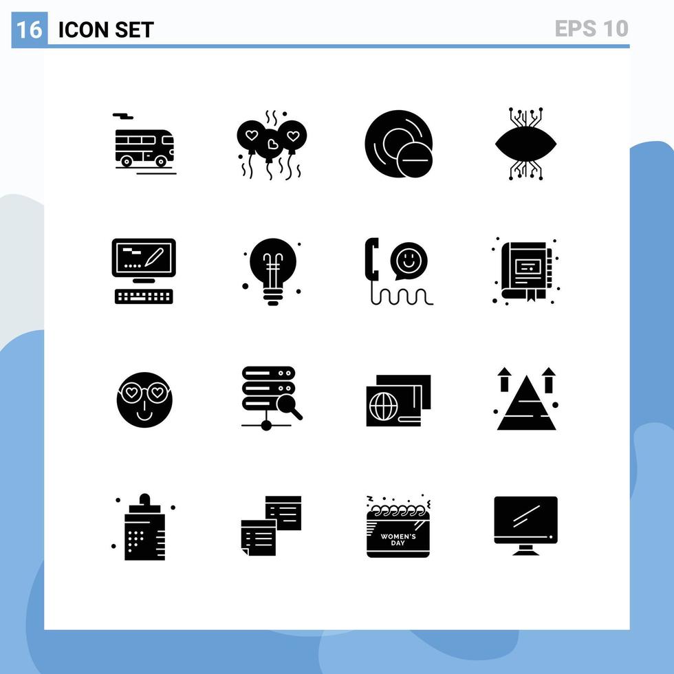 pacote de interface do usuário de 16 glifos sólidos básicos de computadores de vigilância ocular monitorando elementos de design de vetores editáveis de hardware