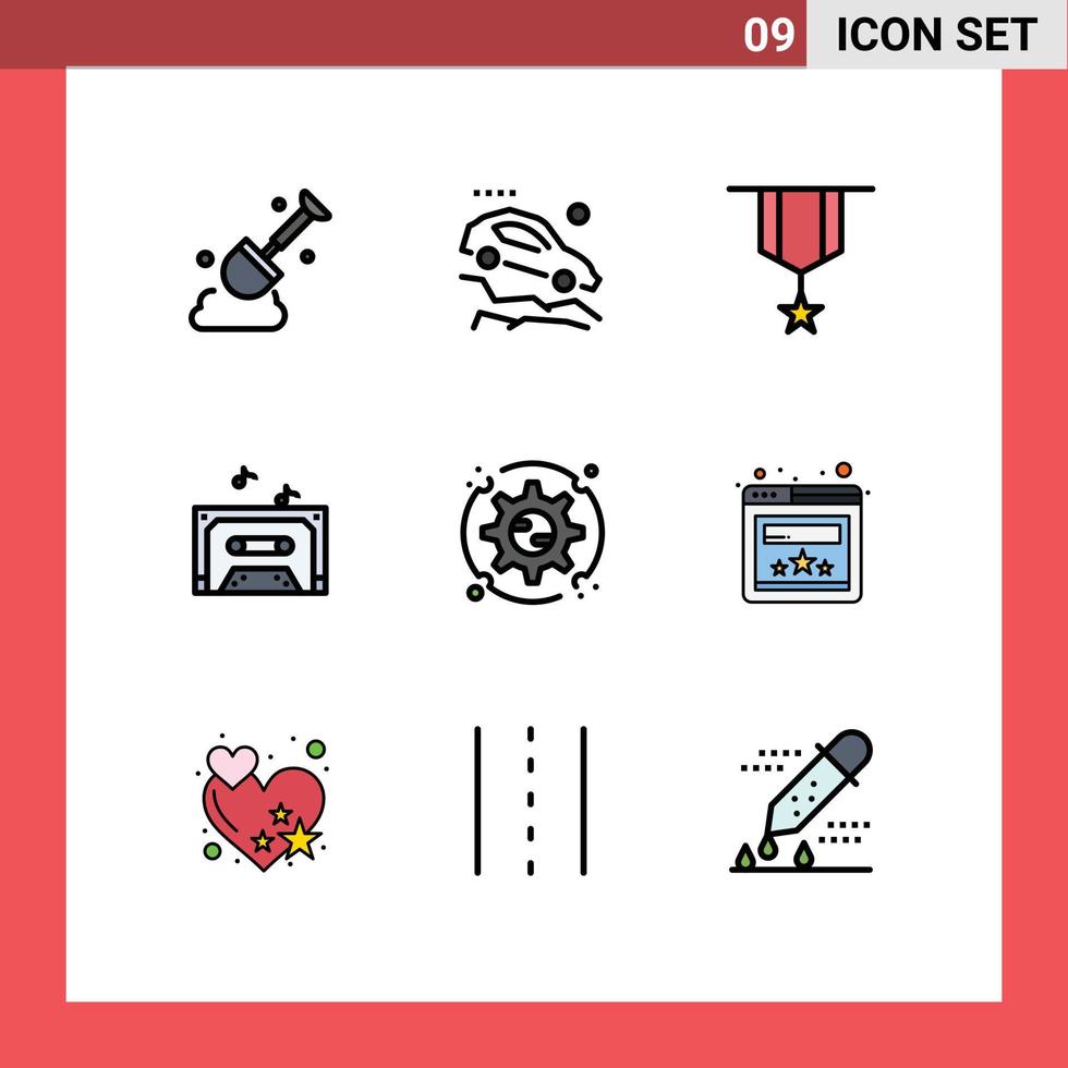 pacote de 9 sinais e símbolos modernos de cores planas de linha preenchida para mídia impressa na web, como preferências de configuração, decoração, fita musical, elementos de design vetorial editáveis vetor