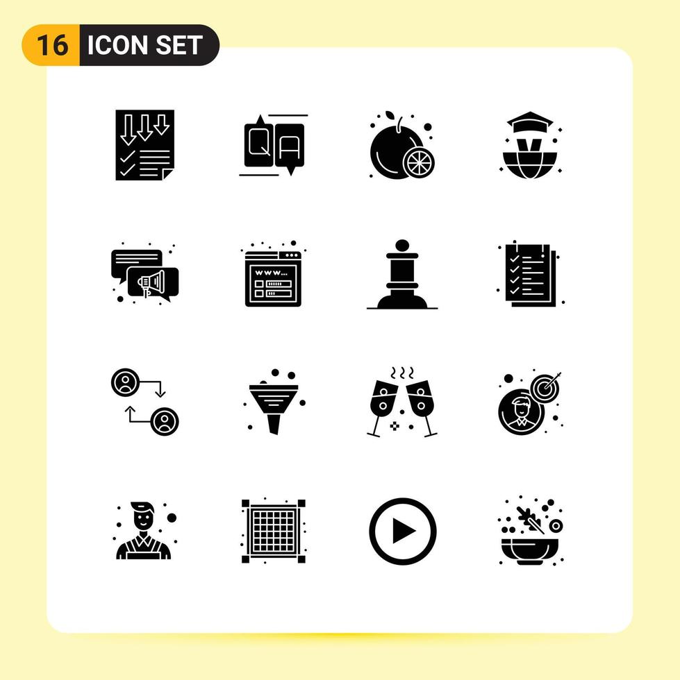 Pacote de glifos sólidos de 16 interfaces de usuário de sinais e símbolos modernos de mensagem de conversa de bate-papo, elementos de design de vetores editáveis do mundo de formatura