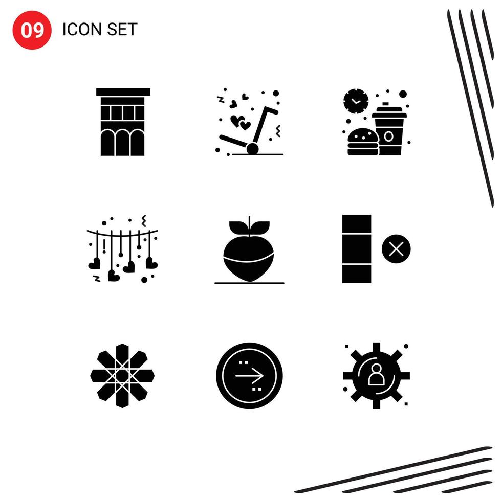 grupo de símbolos de ícones universais de 9 glifos sólidos modernos de coração dos namorados ama almoço pendurado elementos de design de vetores editáveis