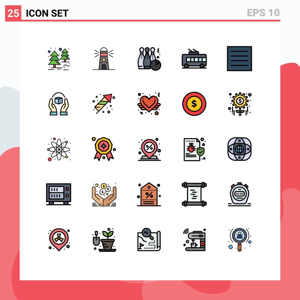 conjunto de cores planas de linha cheia de interface móvel de 25 pictogramas de jogo de trólebus de roupas elementos de design de vetores editáveis de trólebus