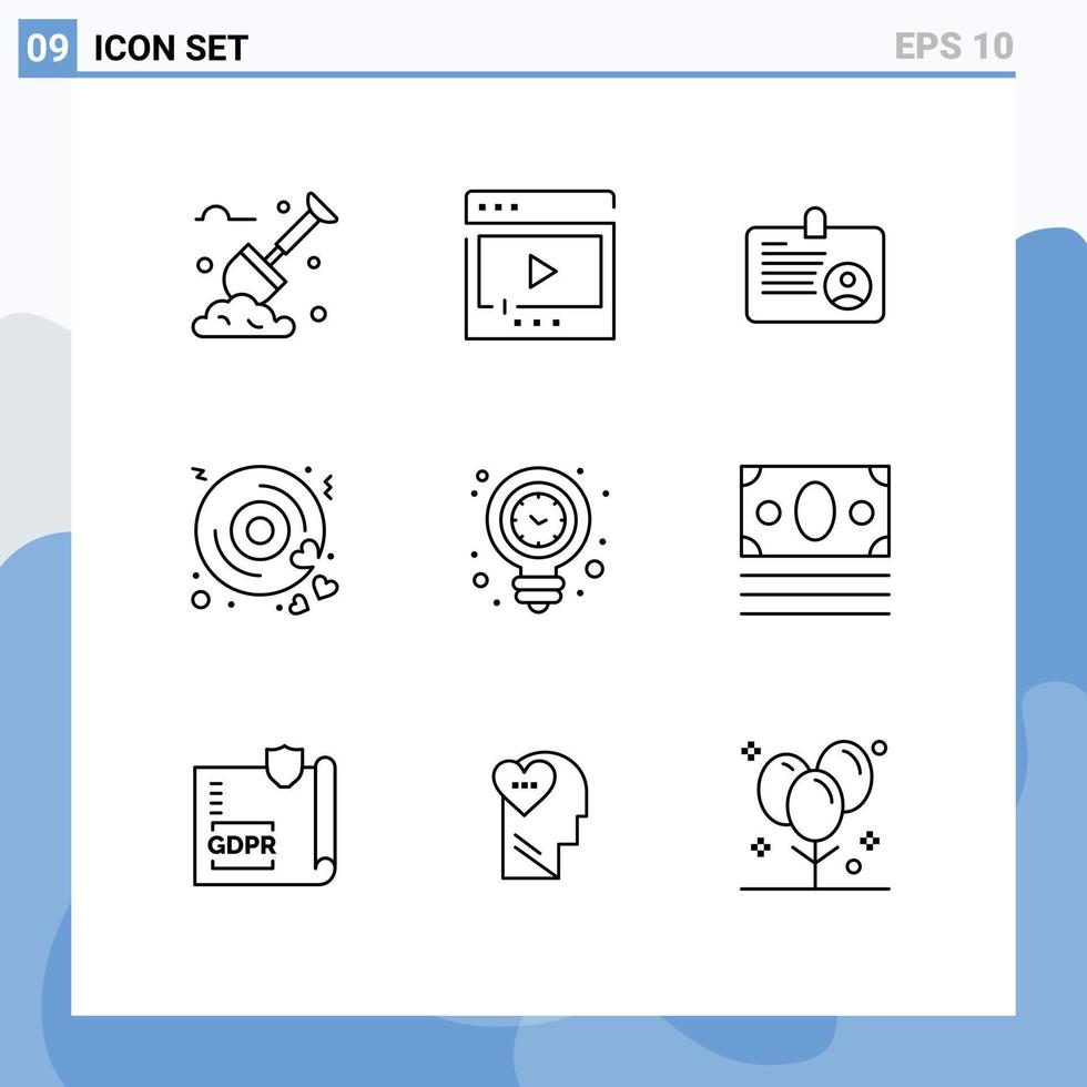 pacote de ícones de vetores de ações de 9 sinais e símbolos de linha para relógio, jogo de amor, coração, funcionário, elementos de design de vetores editáveis