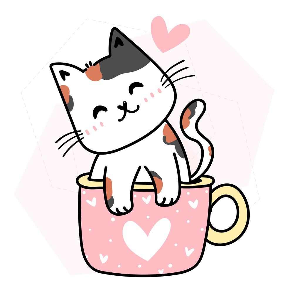 gato fofo e feliz em um copo rosa para a celebração do dia dos namorados vetor
