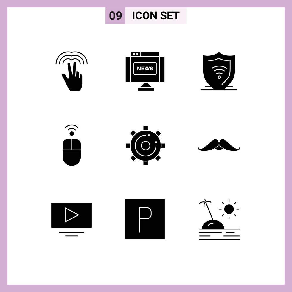 9 interface do usuário pacote de glifos sólidos de sinais e símbolos modernos de mídia mouse de internet sem fio apple elementos de design de vetores editáveis