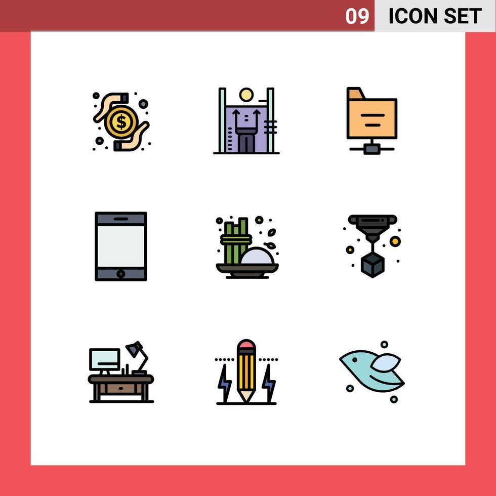 pacote de 9 sinais e símbolos modernos de cores planas de linha preenchida para mídia de impressão na web, como elementos de design de vetor editável de dispositivo de tablet de gerenciamento de canela de condimento