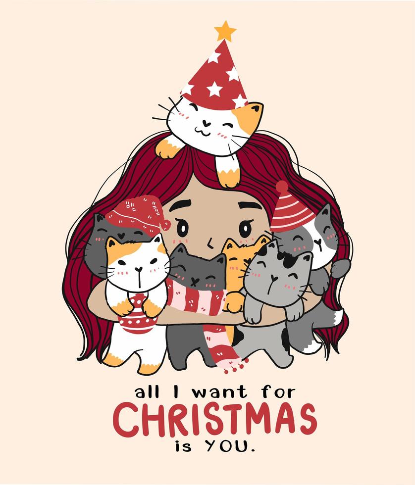 menina bonito dos desenhos animados abraçando alguns gatos para a celebração do natal vetor