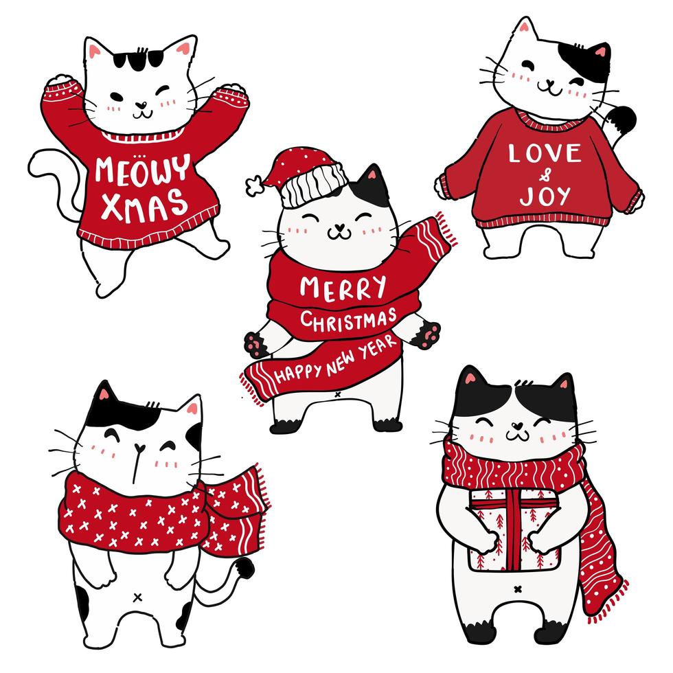 conjunto de gatos bonitos desenhados à mão de natal vetor