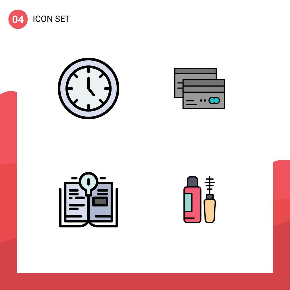 pacote de 4 sinais e símbolos modernos de cores planas de linha preenchida para mídia impressa na web, como relógio financeiro cartão de ponto bulbo editável elementos de design vetorial vetor