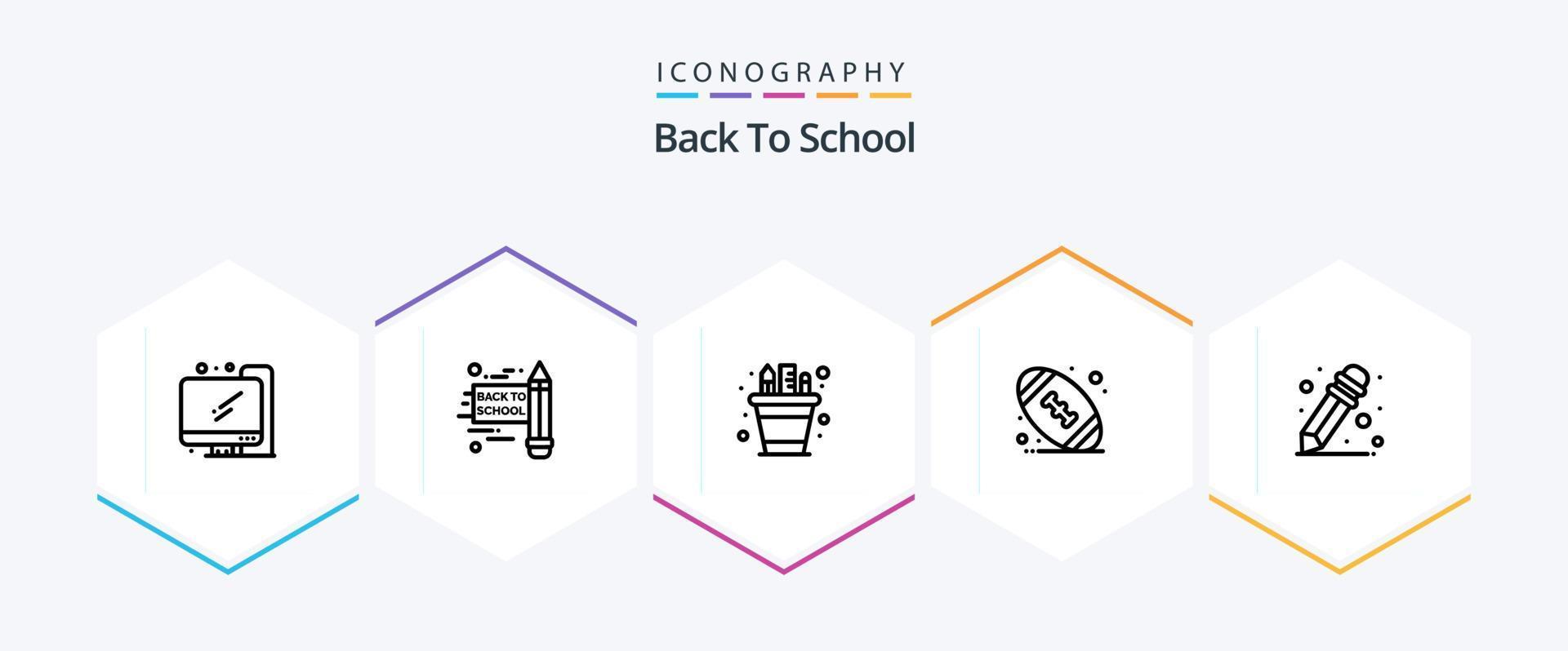 de volta ao pacote de ícones de 25 linhas da escola, incluindo . . pote de lápis. material escolar. futebol vetor