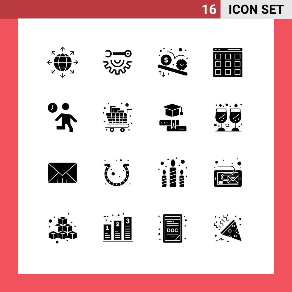 conjunto moderno de 16 glifos e símbolos sólidos, como interface de prazo de isótopos de relógio, elementos de design de vetores editáveis