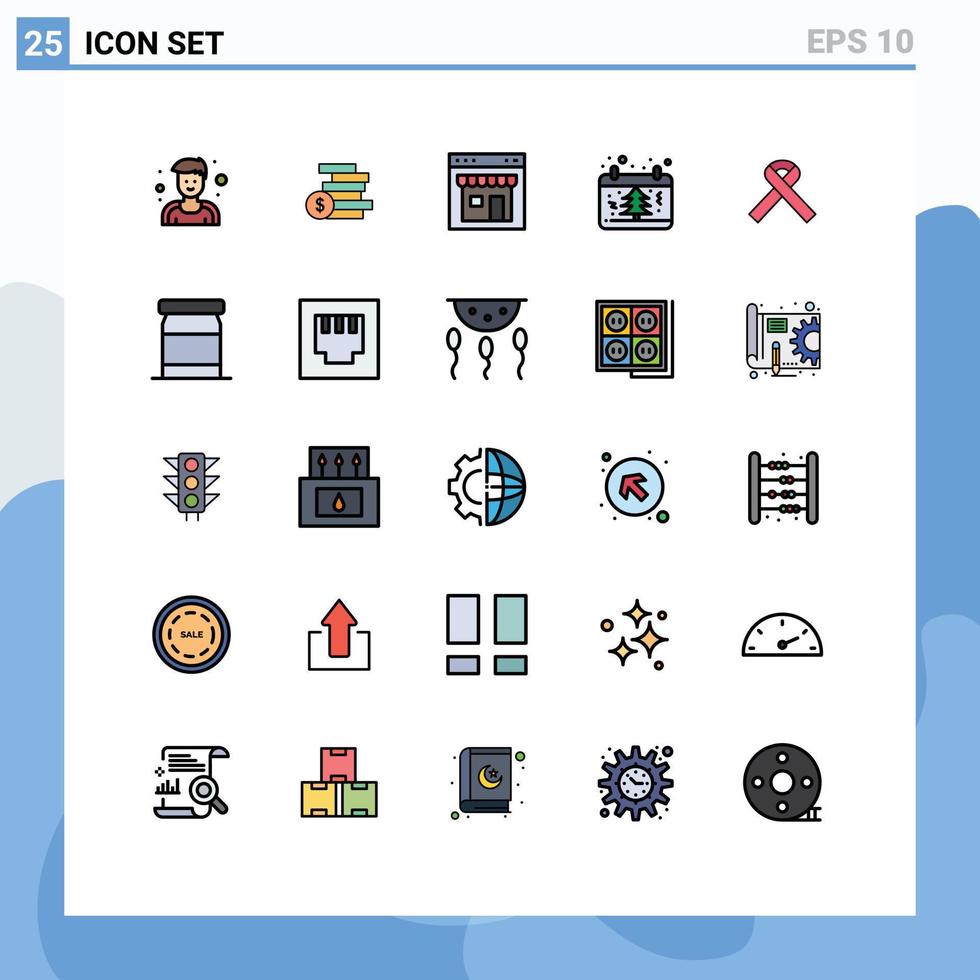 conjunto de pictogramas de 25 cores planas de linha preenchida simples de interface de árvore de fita calendário de natal elementos de design de vetores editáveis