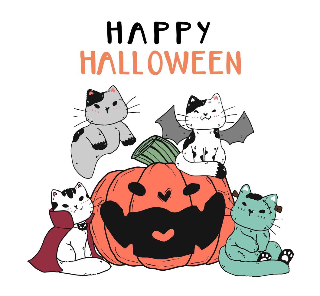 gatos fofos fantasiados para a celebração do halloween vetor