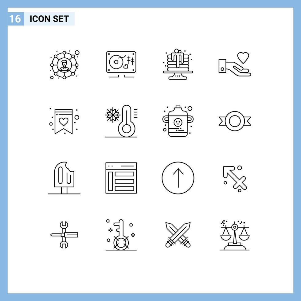 16 pacote de esboço de interface do usuário de sinais e símbolos modernos da lista de desejos favoritos, elementos de design de vetores editáveis de mão de amor de cozimento