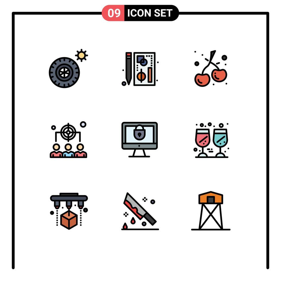conjunto de 9 sinais de símbolos de ícones de interface do usuário modernos para bloqueio de gerenciamento de bagas de computador elementos de design de vetores humanos editáveis