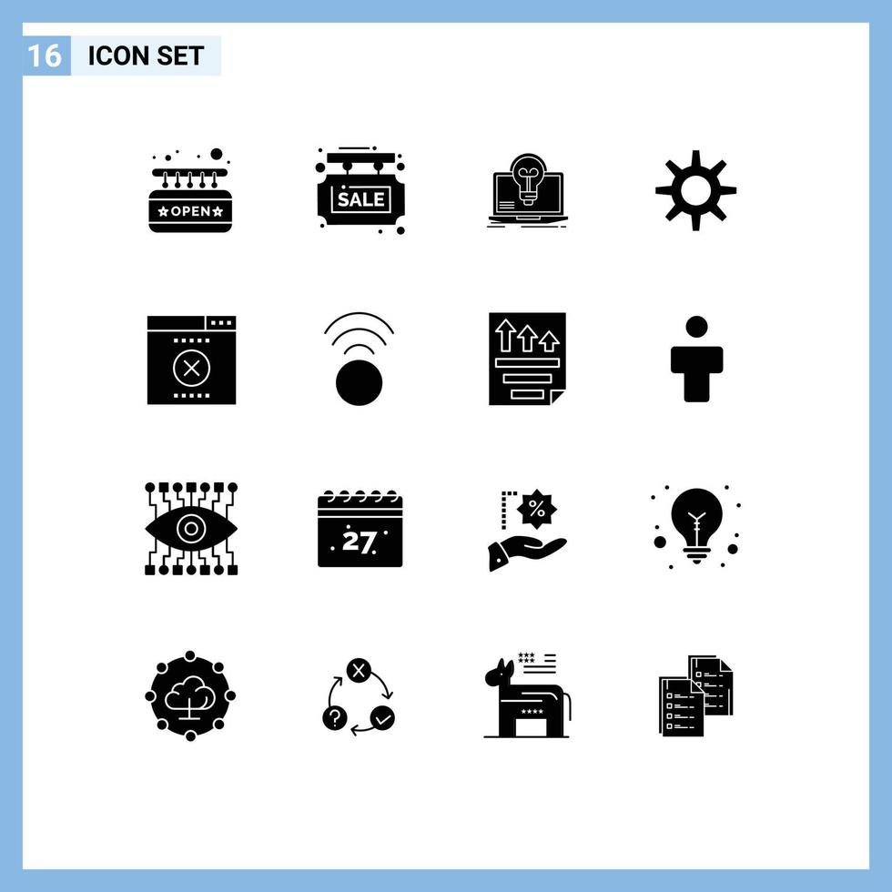 16 conceito de glifo sólido para sites móveis e aplicativos, configuração de erro, tela de equipamento de loja, elementos de design de vetores editáveis