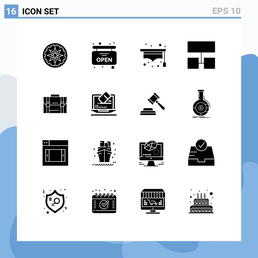 pacote de interface do usuário com 16 glifos sólidos básicos de documentos de portfólio maleta de estudante elementos de design vetorial editáveis vetor