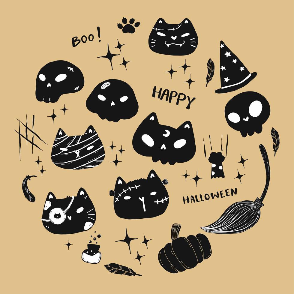 conjunto de gatos fofos e engraçados de halloween vetor