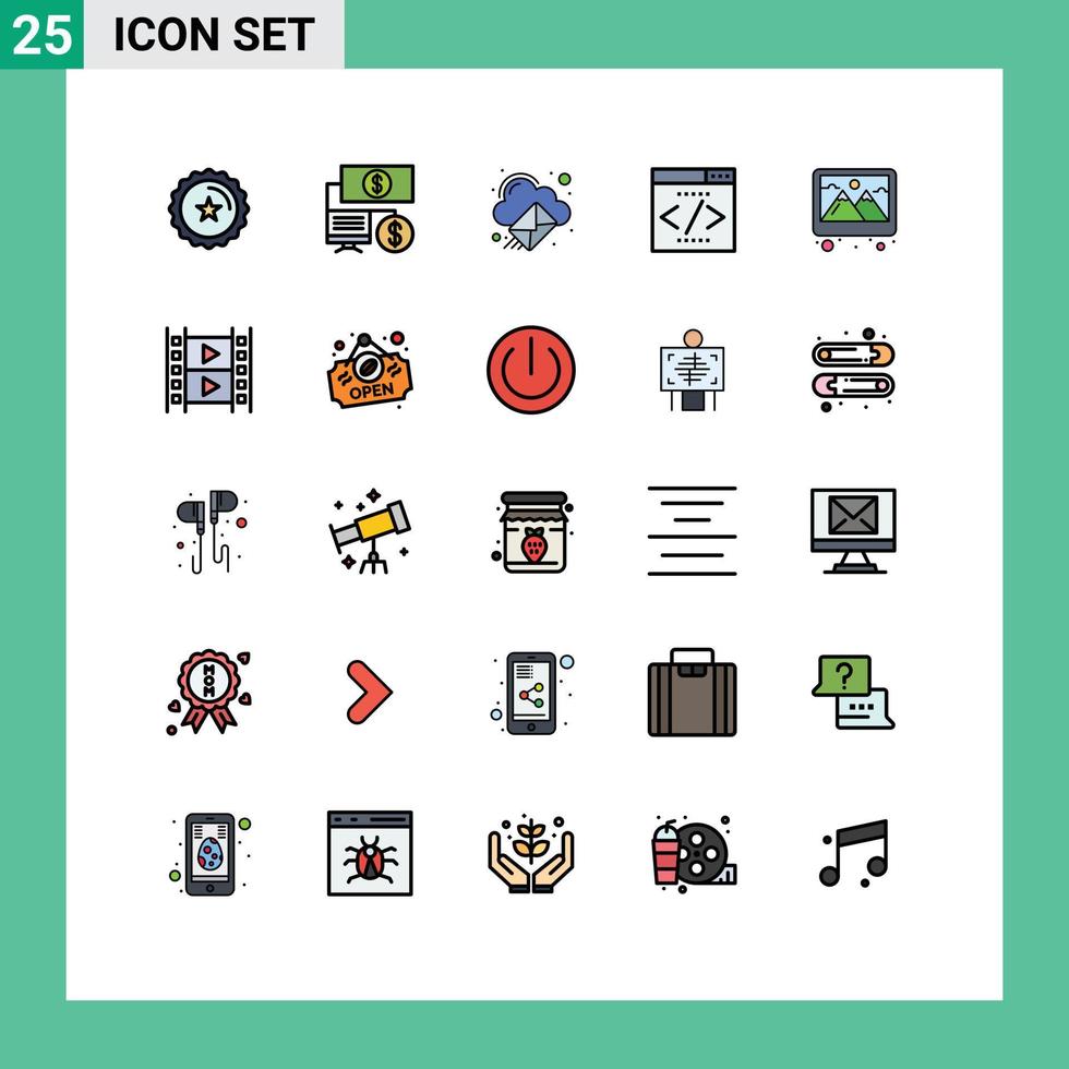 pacote de interface de usuário de 25 cores planas de linha preenchida básica de elementos de design de vetores editáveis de interface de seo de computação em nuvem de quadro de imagem