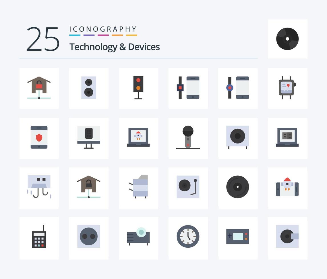 dispositivos 25 pacote de ícones de cores planas, incluindo segurança. monitor. palestrante. saúde. Smartphone vetor