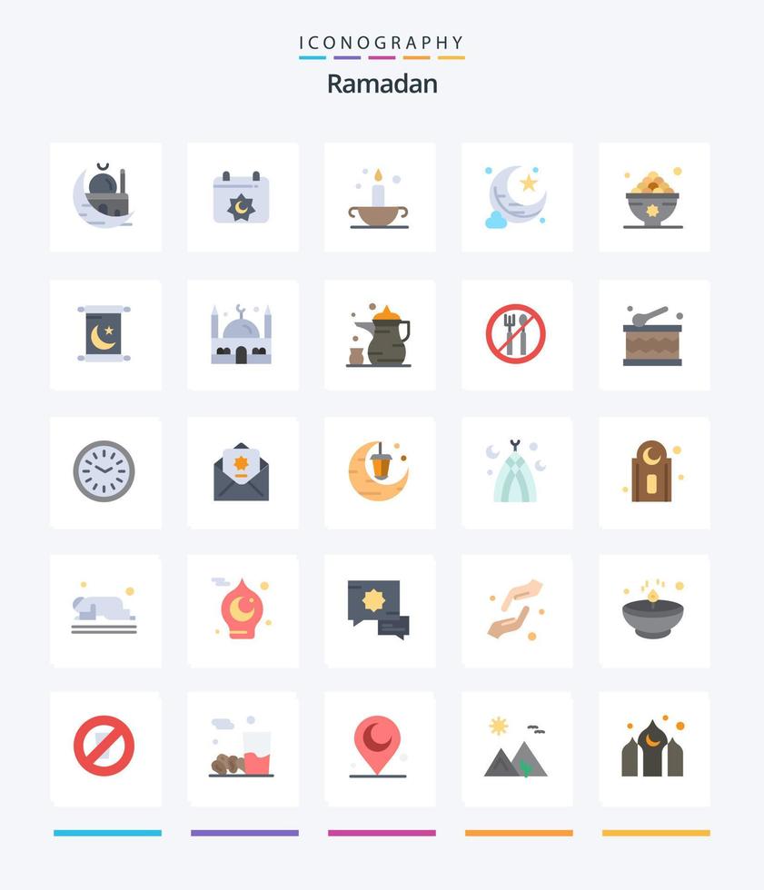 pacote criativo de ícones planos do Ramadã 25, como comida. estrela. muçulmano. lua Nova. lâmpada vetor