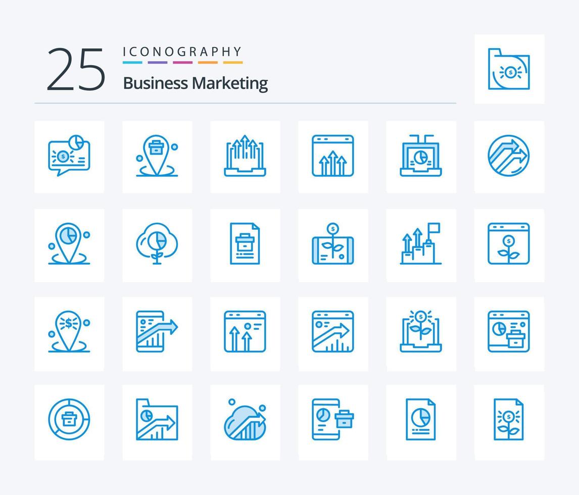 pacote de ícones de 25 cores azuis de marketing de negócios, incluindo gráfico. negócios. lugar. relatório. crescimento vetor