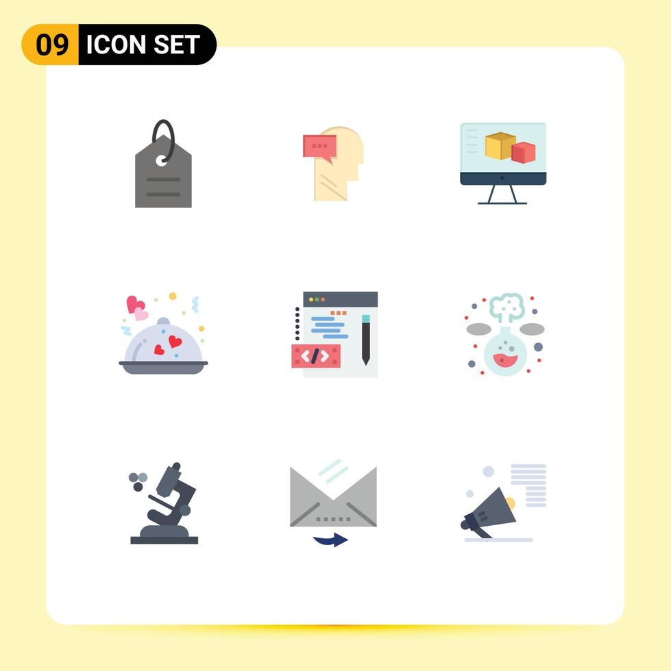 Conceito de 9 cores planas para sites móveis e aplicativos que programam elementos de design de vetores editáveis de comida romântica de computador dos namorados