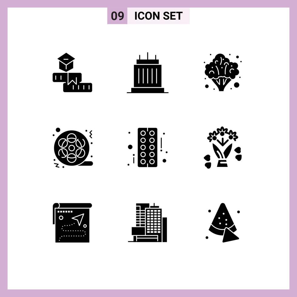 pacote de interface do usuário com 9 glifos sólidos básicos de elementos de design de vetor editável saudável de filme de vídeo