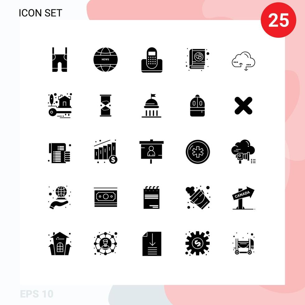 grupo de símbolos de ícone universal de 25 glifos sólidos modernos de nuvem romântica chamada amor telefone elementos de design de vetores editáveis