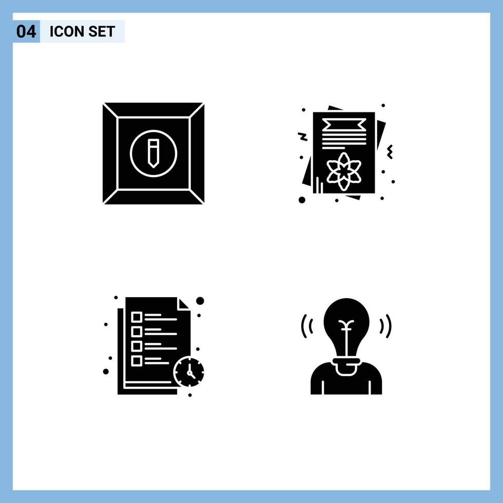 pacote de 4 sinais e símbolos de glifos sólidos modernos para mídia impressa na web, como cartão de calendário de estudo de caixa, cartão de convite, bulbo editável, elementos de design vetorial vetor