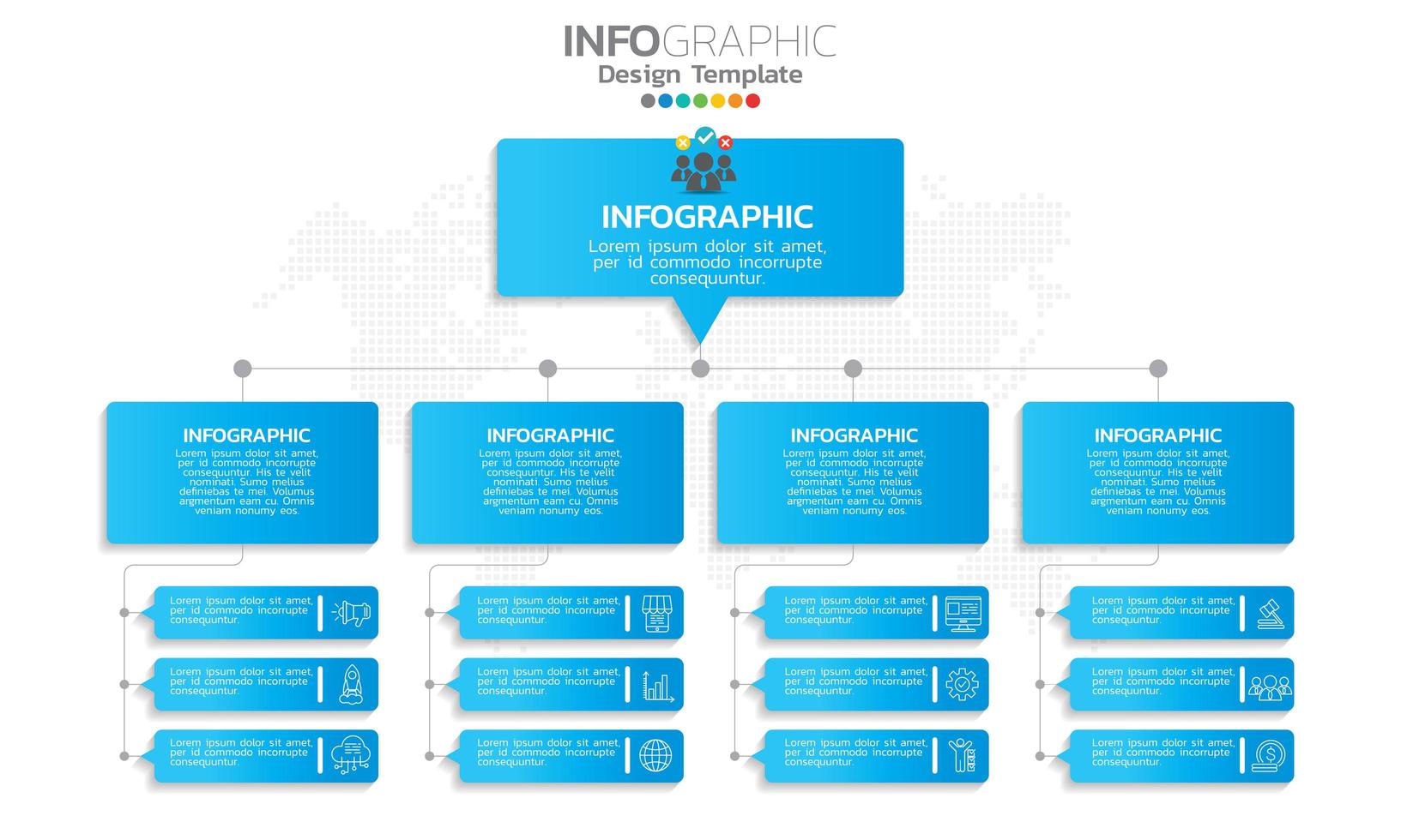 infográfico de diagrama de fluxo com tema azul de ícones vetor