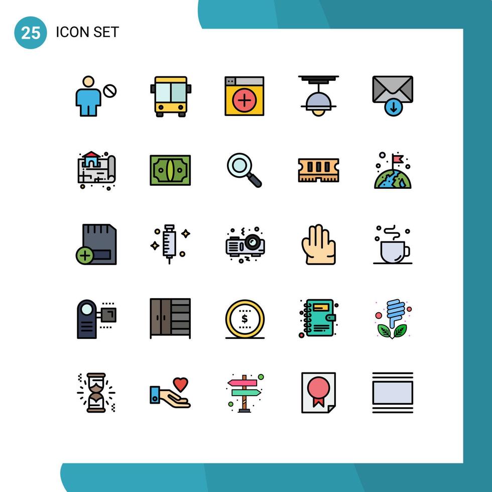 25 cores planas de linha preenchida universal definidas para aplicações web e móveis móveis de lâmpada decoração de veículos gráficos editáveis elementos de design vetorial vetor