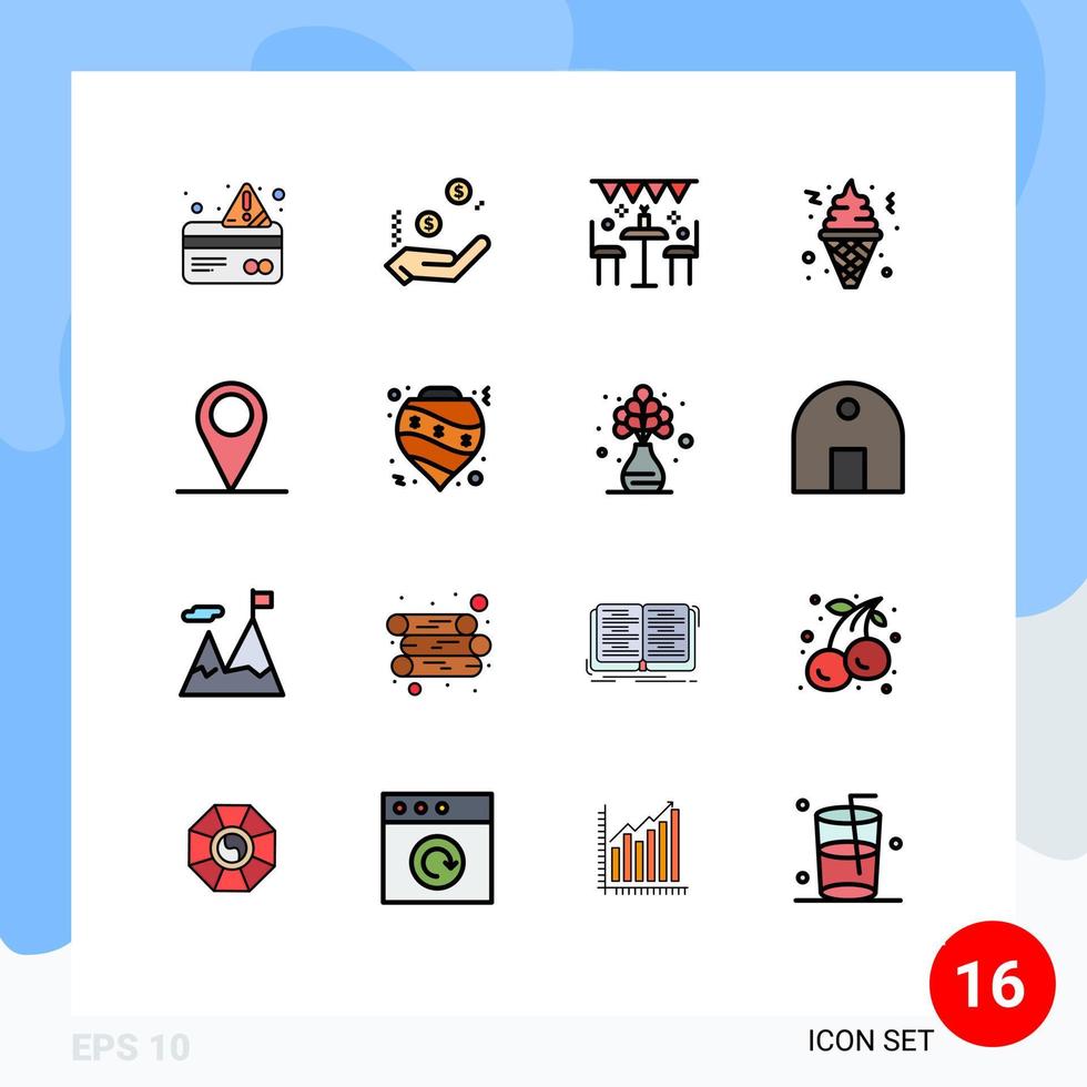 16 linhas preenchidas de cores planas temáticas de vetores e símbolos editáveis de gps celebração de fast food festa de sorvete elementos de design de vetores criativos editáveis