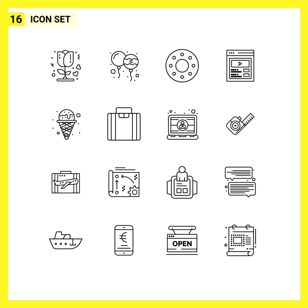 16 símbolos de sinais de contorno universal de elementos de design de vetores editáveis de vídeo de rosquinha de sorvete na web