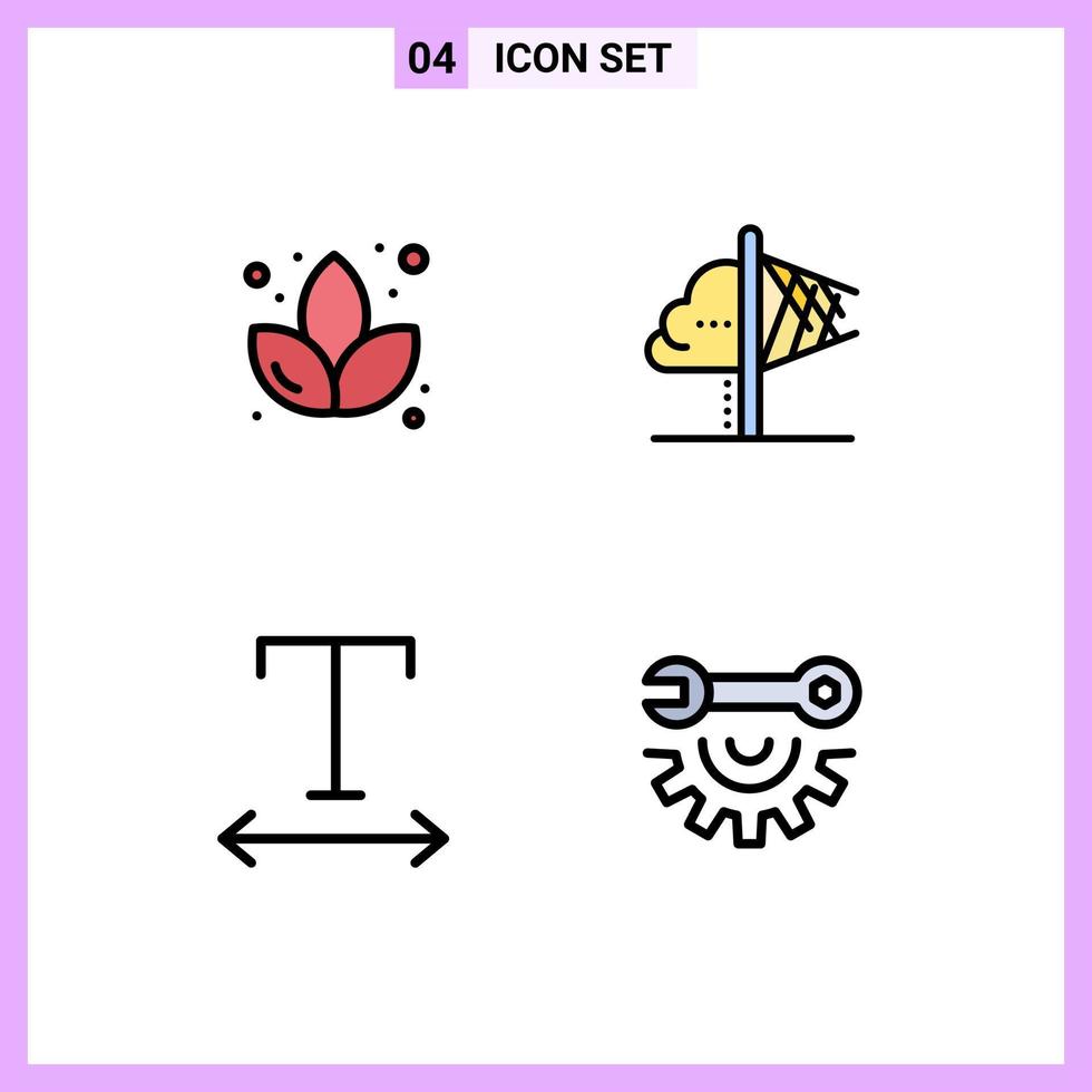 conjunto de cores planas de linha preenchida de interface móvel de 4 pictogramas de rastreamento de lótus criatividade insight ferramentas de garagem elementos de design de vetores editáveis