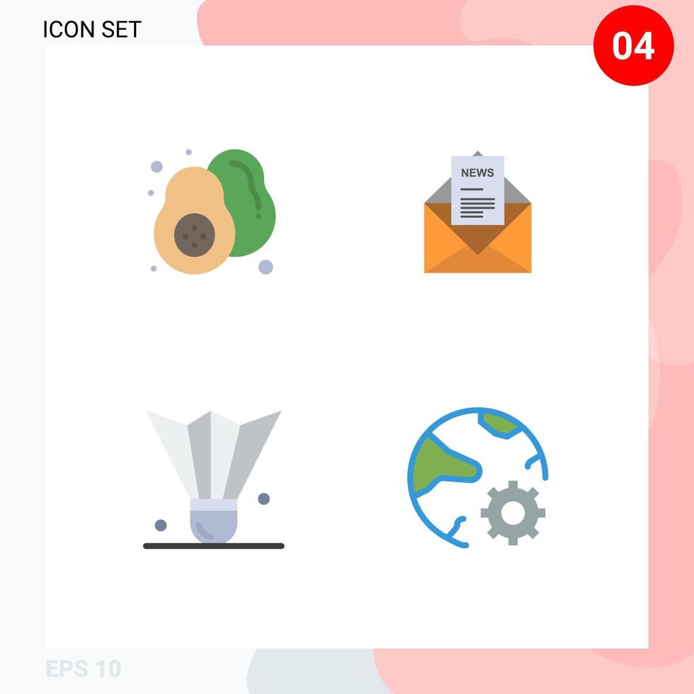 4 ícones planos universais definidos para aplicações web e móveis comida badminton comida saudável pena peteca elementos de design de vetores editáveis