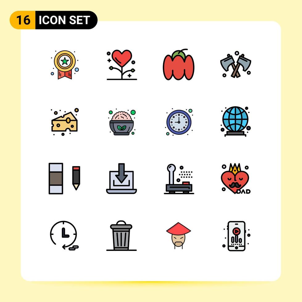 pacote de interface do usuário de 16 linhas básicas cheias de cores planas de queijos arma remédio ferramenta legumes elementos de design de vetores criativos editáveis